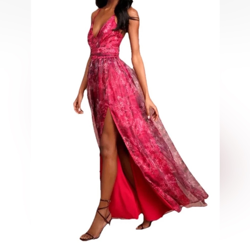 Lulus Romance That Wows Magenta Floral Organza Maxi Dress Women’s Size Large